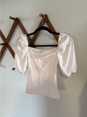 Reformation Ivory Ribbed Puff-Sleeve Square Neck Top